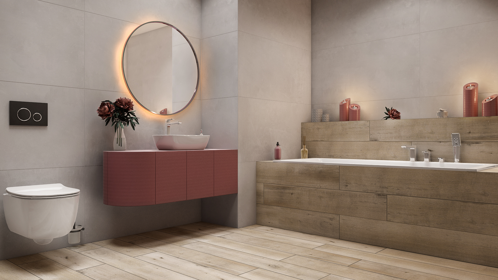 Romantyczna łazienka z różowymi dodatkami i płytkami Azario Solan Light Brown oraz Honshu mat.